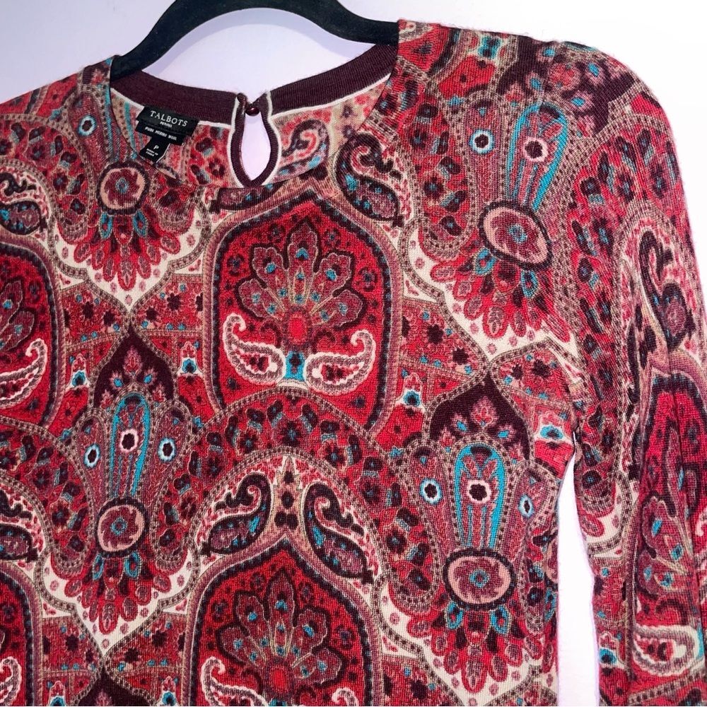 Talbots XS 100% Merino Wool Boho Red Sweater Crew Neck Long Sleeve - Picture 2 of 8